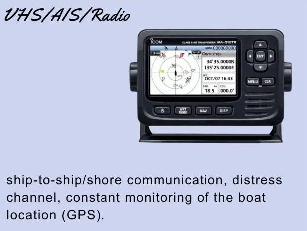 ship-to-ship/shore communication, distress channel, constant monitoring of the boat location (GPS).Picture